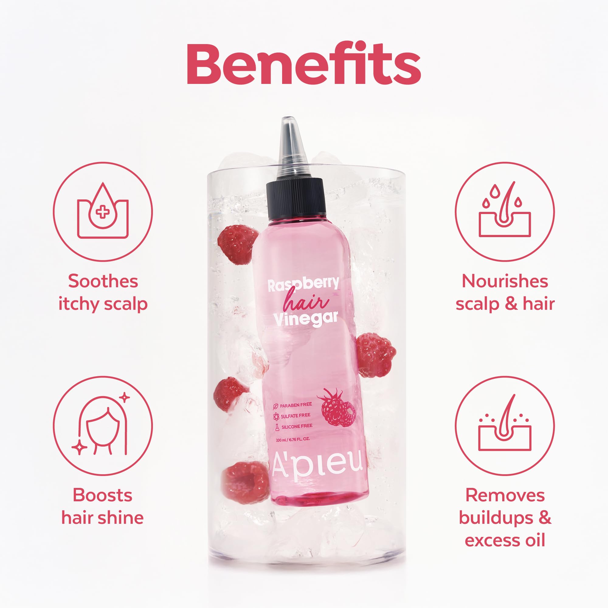A'PIEU Raspberry Hair Vinegar Rinse hair-clarity shot emphasizes detangling and smoother texture