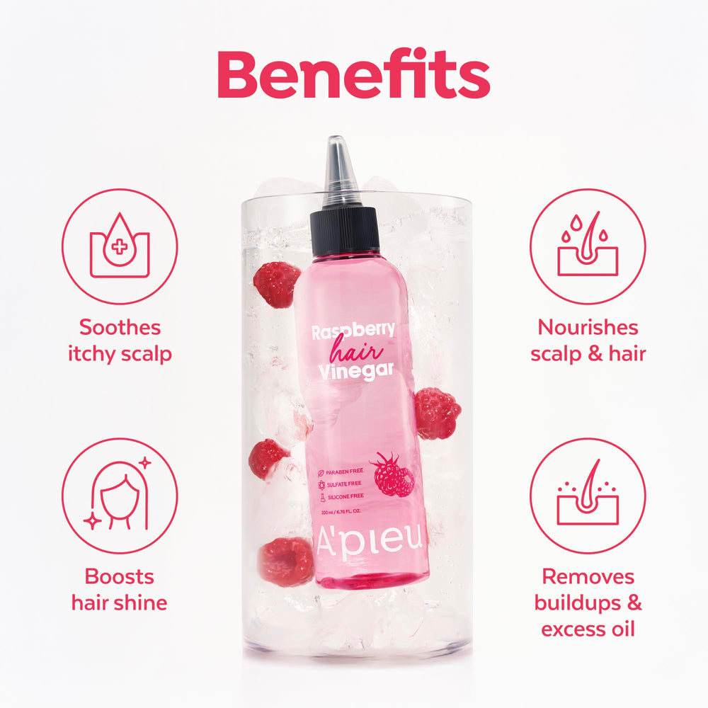 A'PIEU Raspberry Hair Vinegar Rinse hair-clarity shot emphasizes detangling and smoother texture