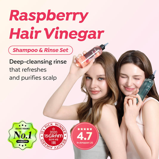 A'PIEU Raspberry Vinegar Rinse bottle being poured to balance scalp pH