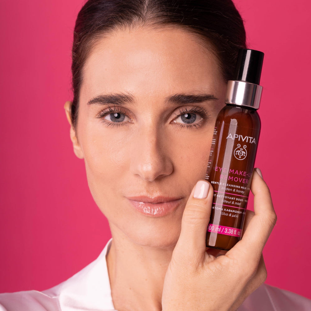 Apivita Eye Makeup Remover being applied around the eye area