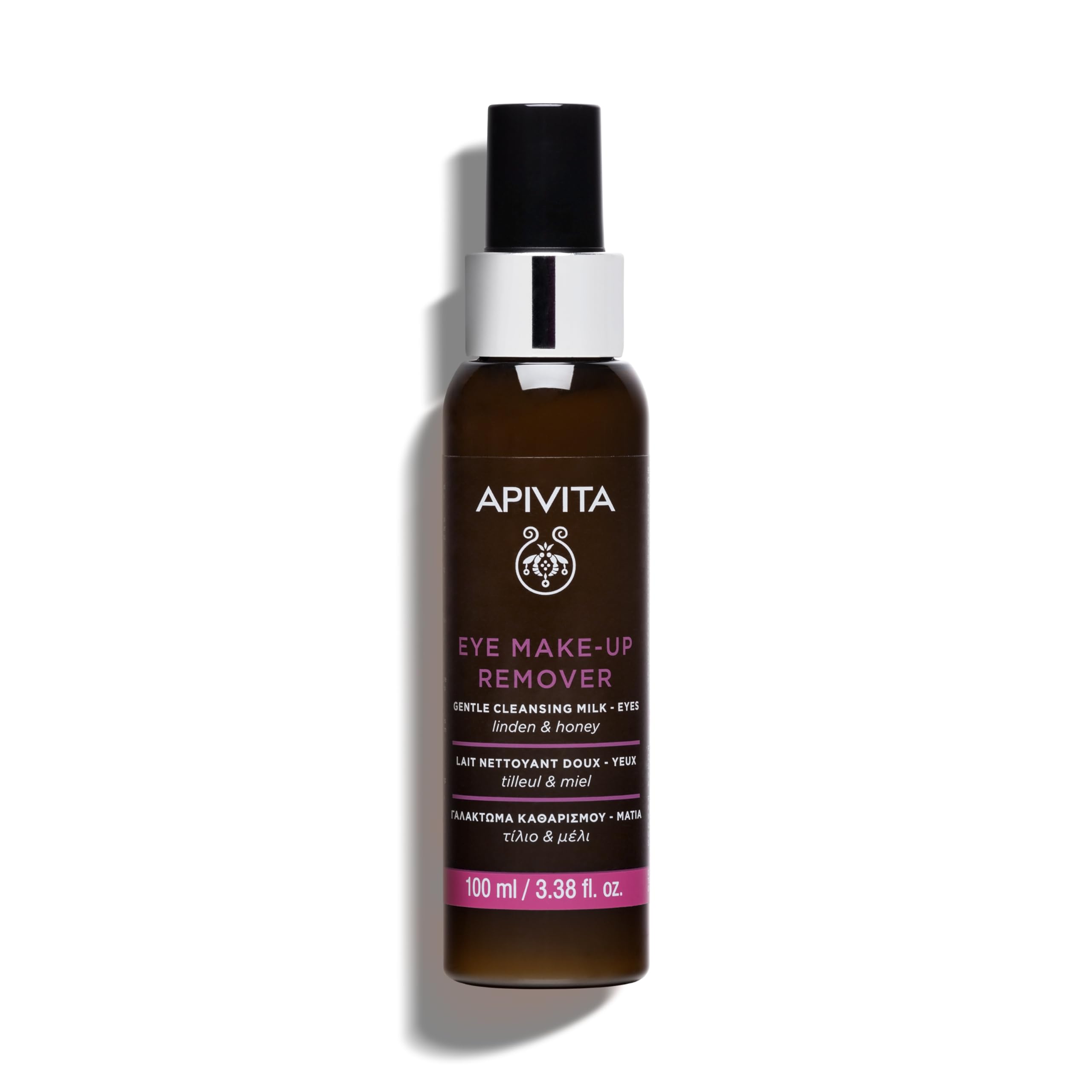 Apivita Eye Makeup Remover bottle close-up highlighting hydrating cleansing action