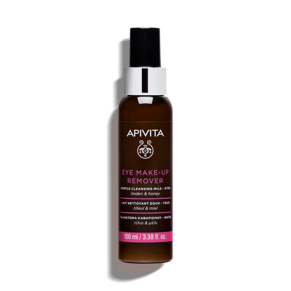 Apivita Eye Makeup Remover bottle close-up highlighting hydrating cleansing action