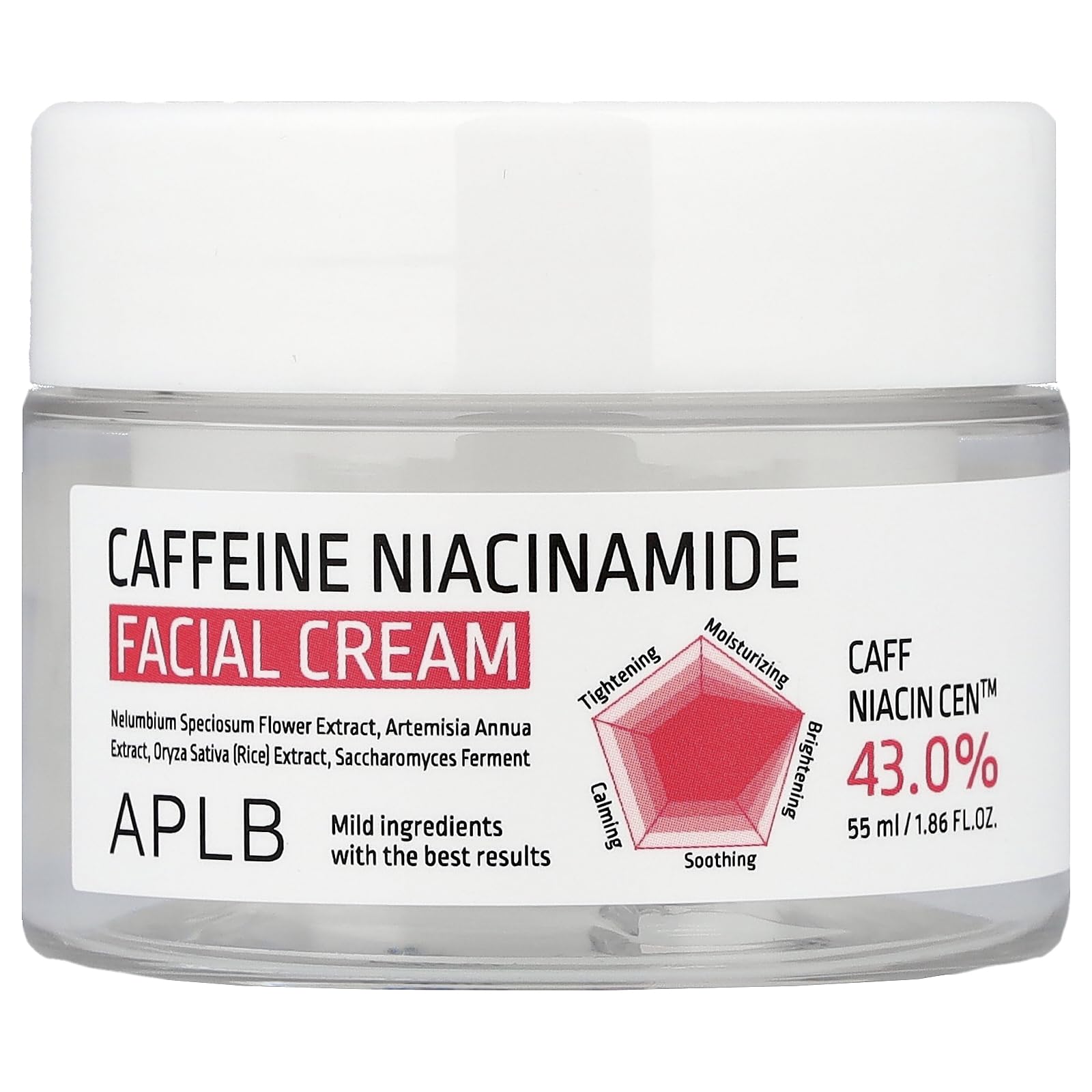 APLB Caffeine Niacinamide Facial Cream jar shows rich texture for hydration.