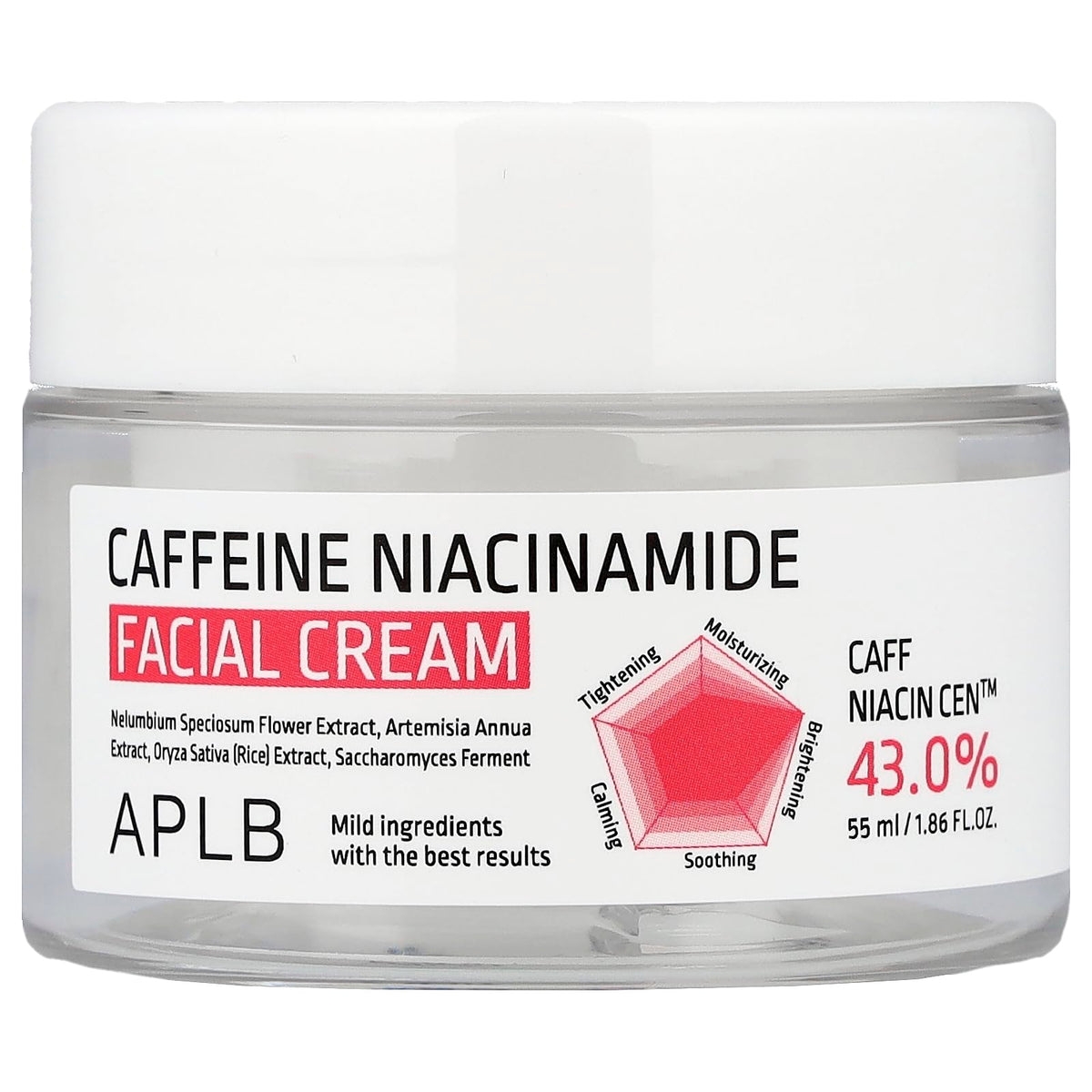 APLB Caffeine Niacinamide Facial Cream jar shows rich texture for hydration.