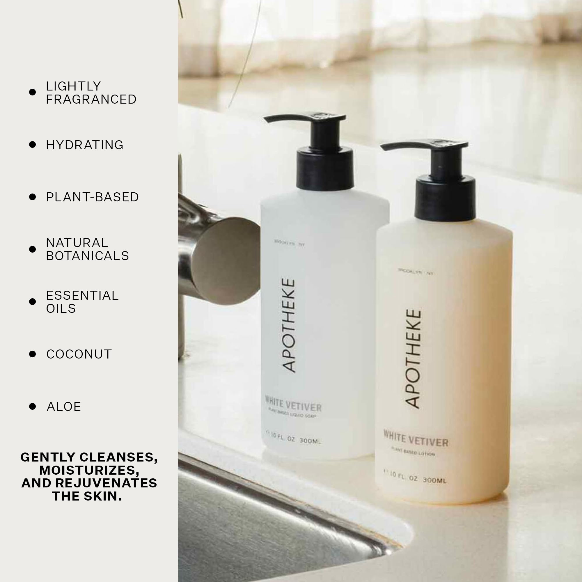 APOTHEKE White Vetiver in bathroom display, hydrating formula.