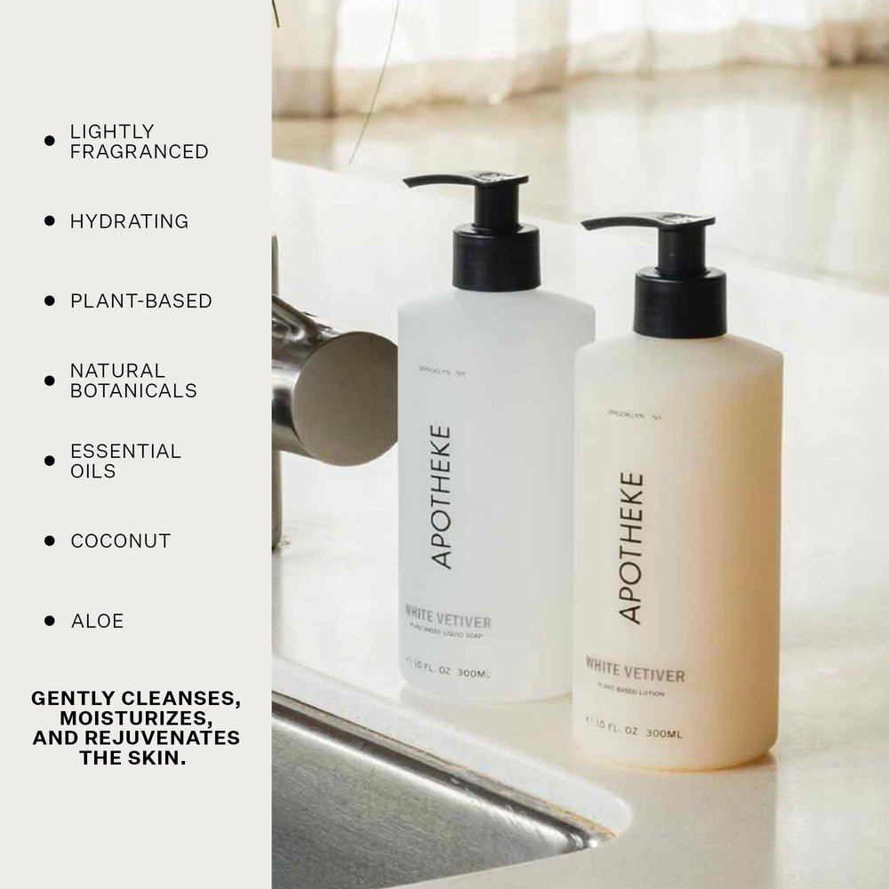 APOTHEKE White Vetiver in bathroom display, hydrating formula.