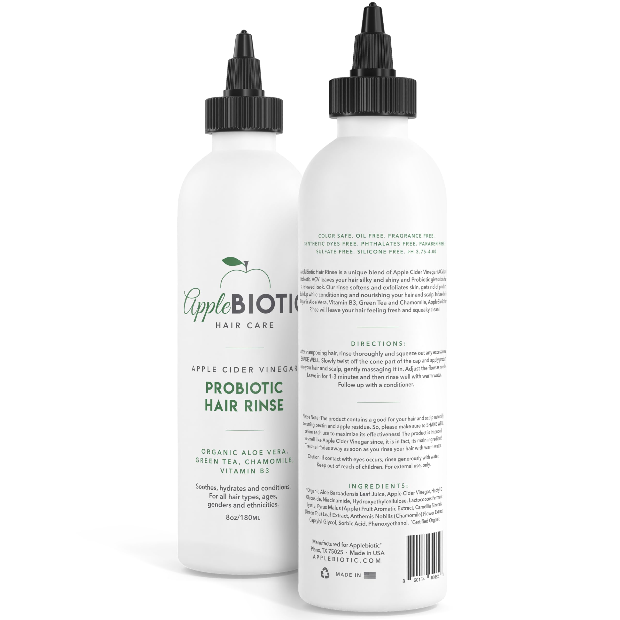 AppleBiotic ACV hair rinse close-up shows fragrance-free formula for gentle cleansing.