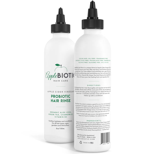 AppleBiotic ACV hair rinse close-up shows fragrance-free formula for gentle cleansing.