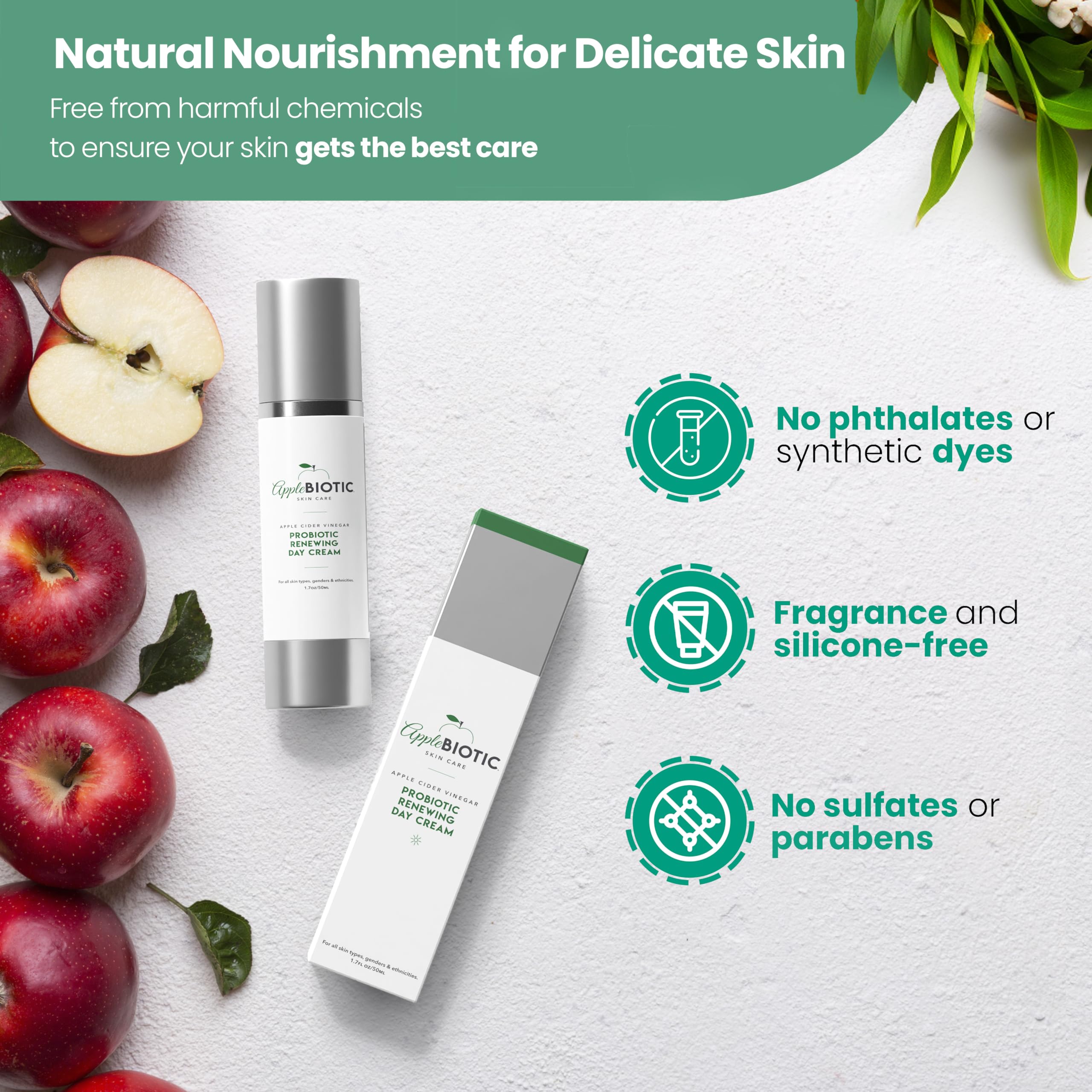 AppleBiotic green tea chamomile aloe ingredients highlighted for soothing hydration