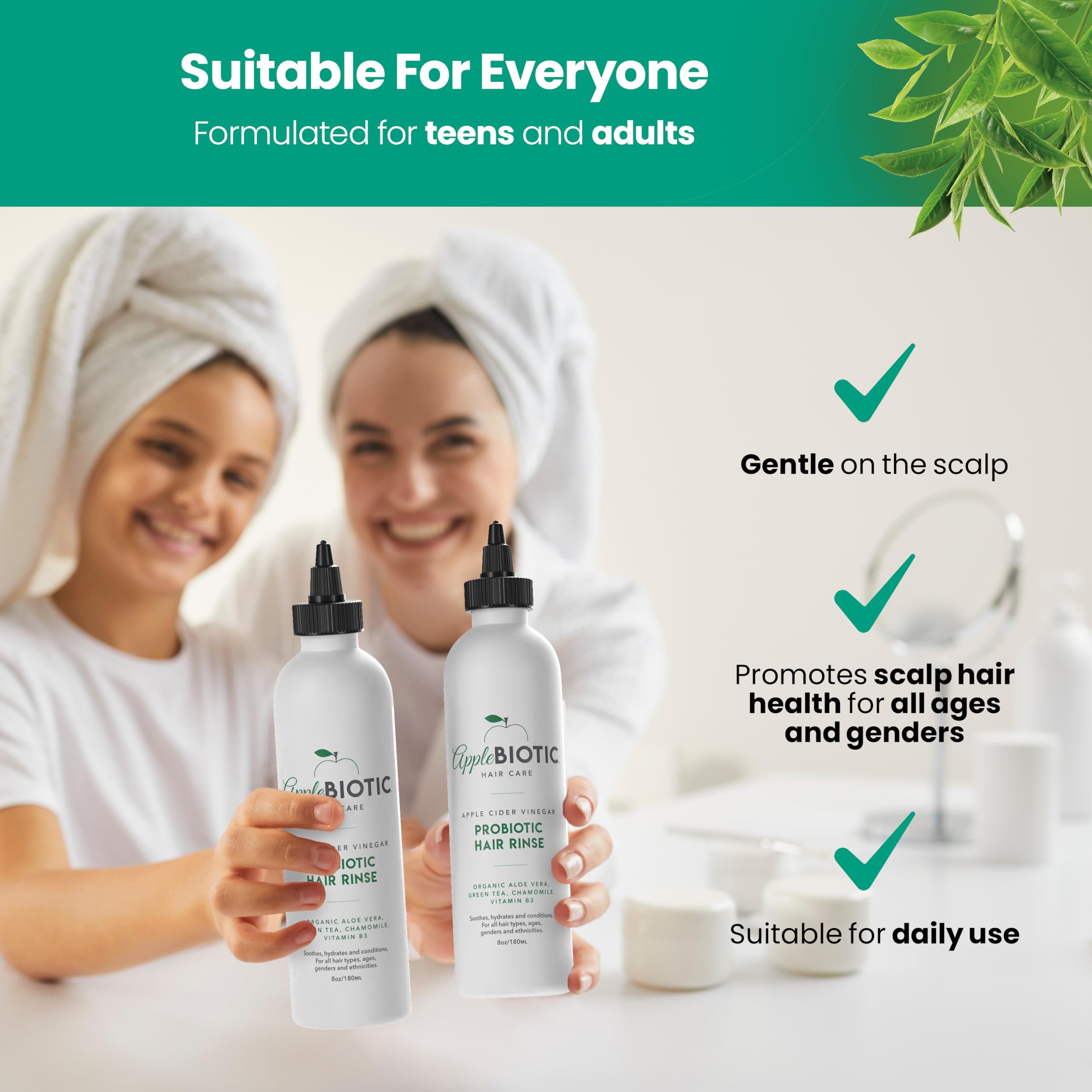 AppleBiotic ACV rinse on bathroom counter promoting shine and smoothness.