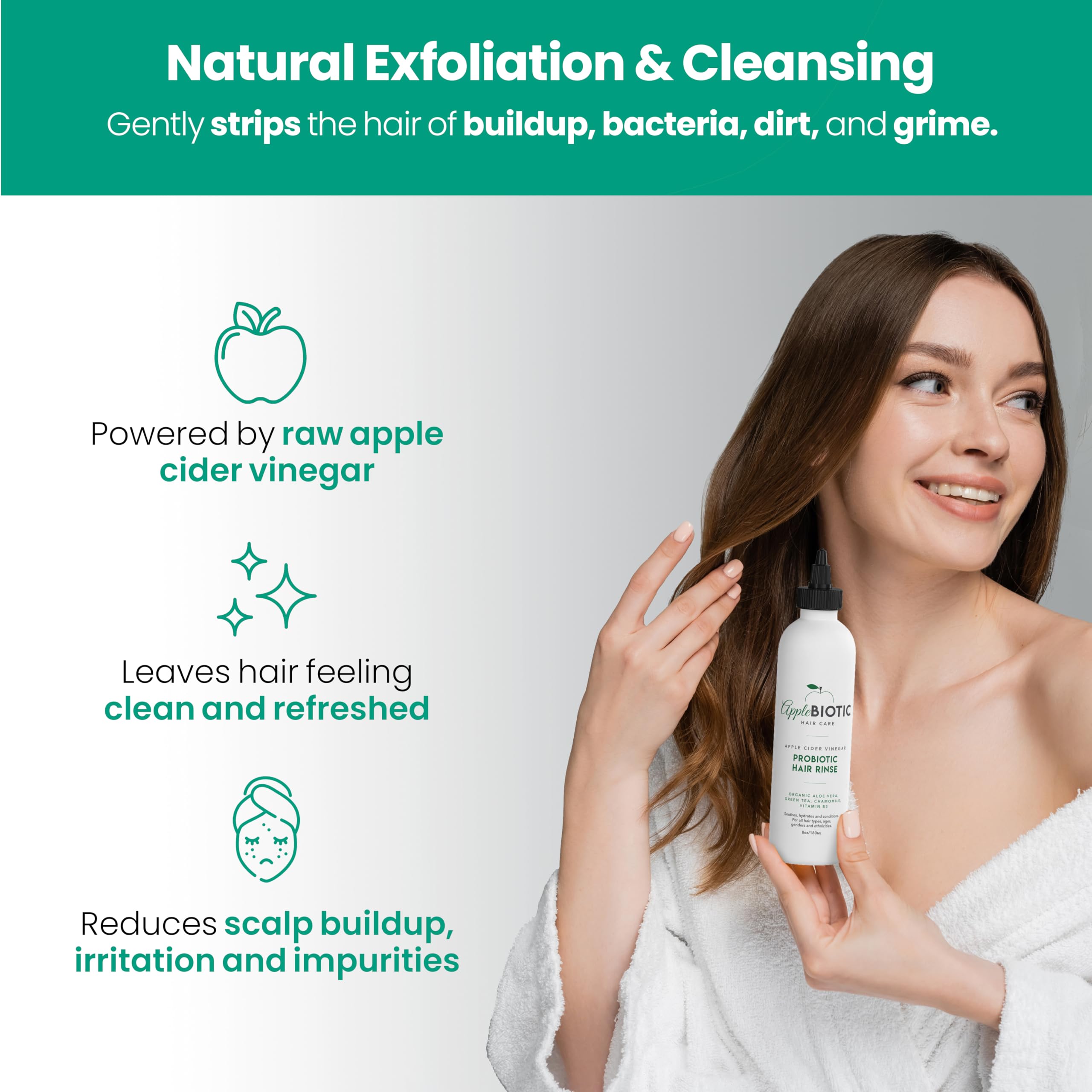 Scalp detox with AppleBiotic rinse, soothing irritation and supporting healthy roots.