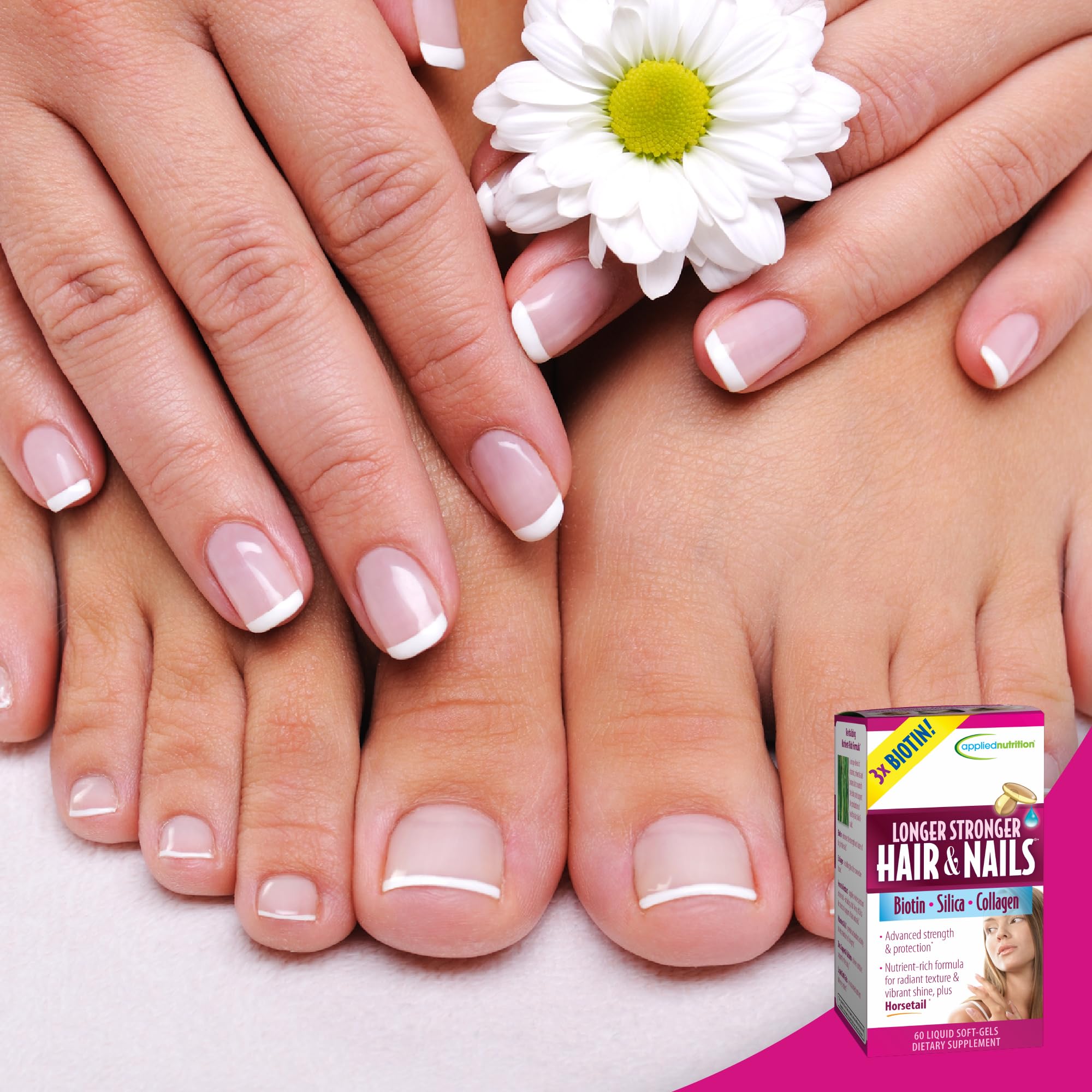 Applied Nutrition Longer Stronger Hair & Nails bottle on vanity for daily routine