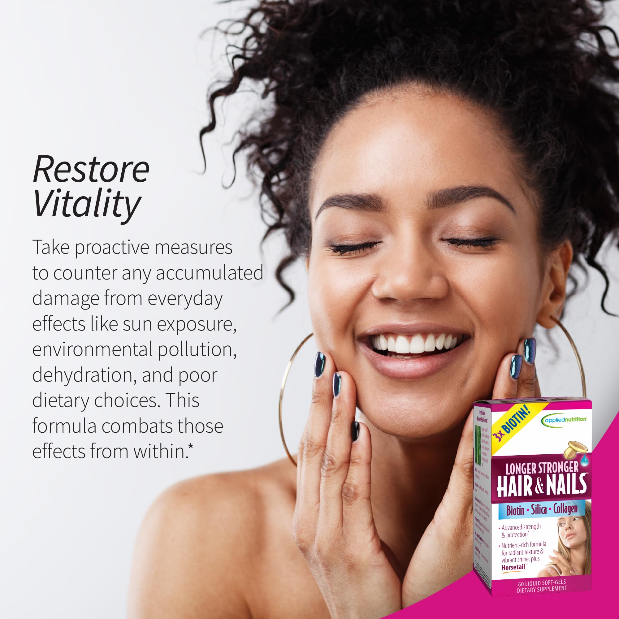 Applied Nutrition Longer Stronger Hair & Nails liquid soft-gels packaging and product form