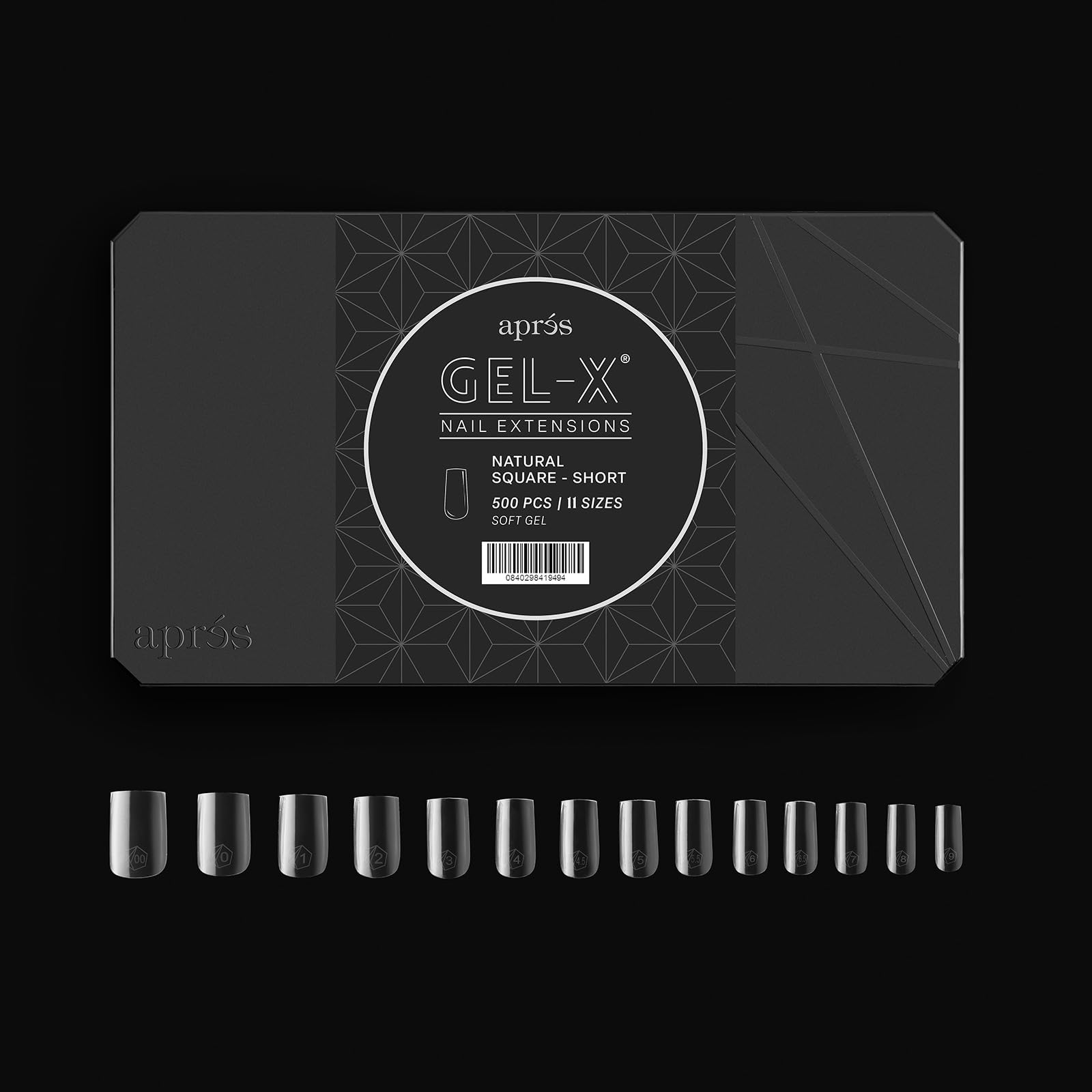 APRÉS Gel-X 500 tips inside box showcases abundance for multiple clients and sizes.