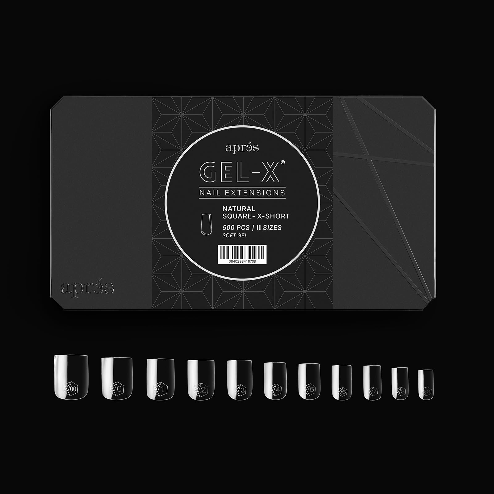 APRES Gel-X tip sizes 00 to 9 range for precise fit and versatile design options.
