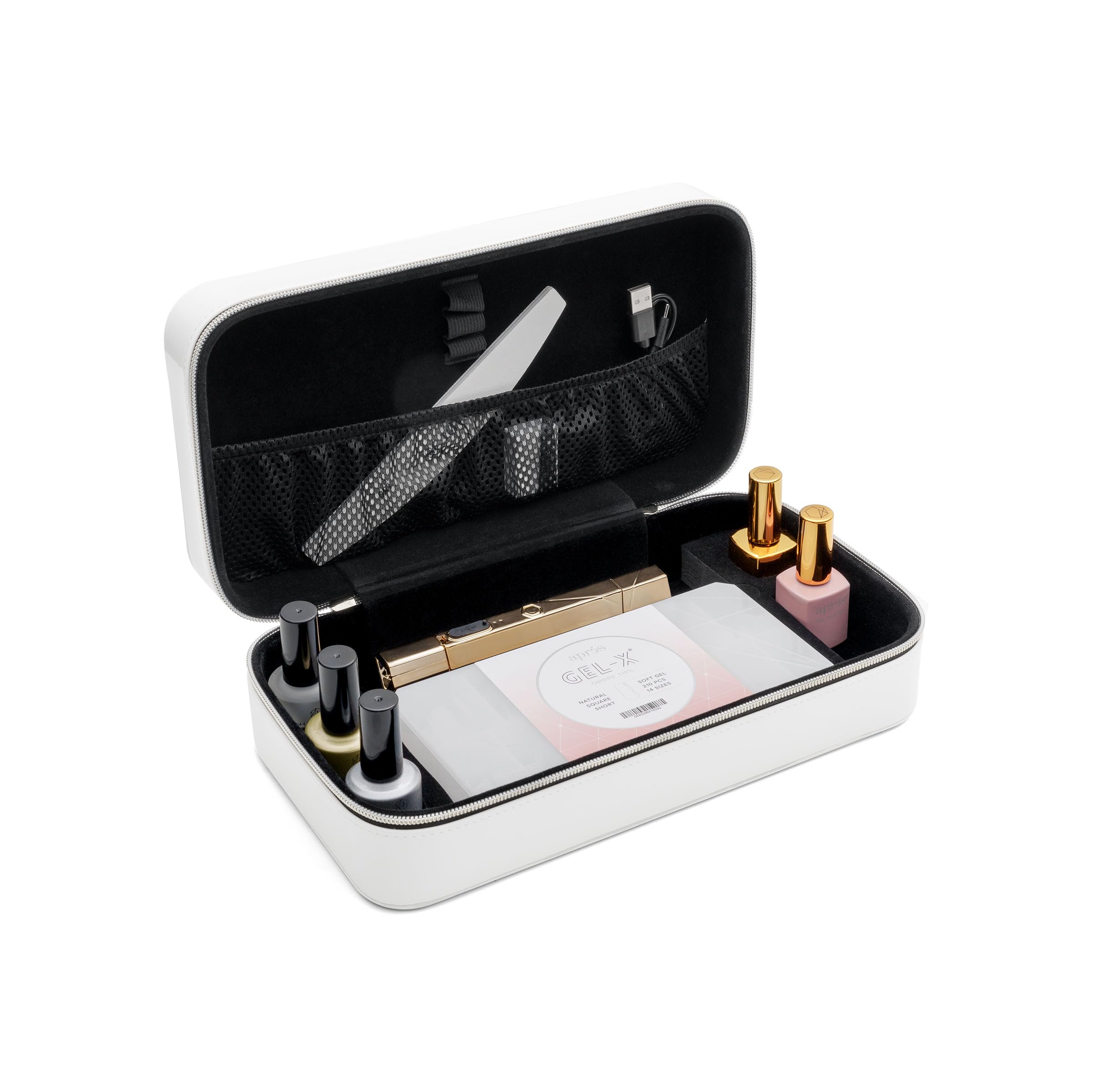 White vegan patent leather case keeps tools organized and portable.
