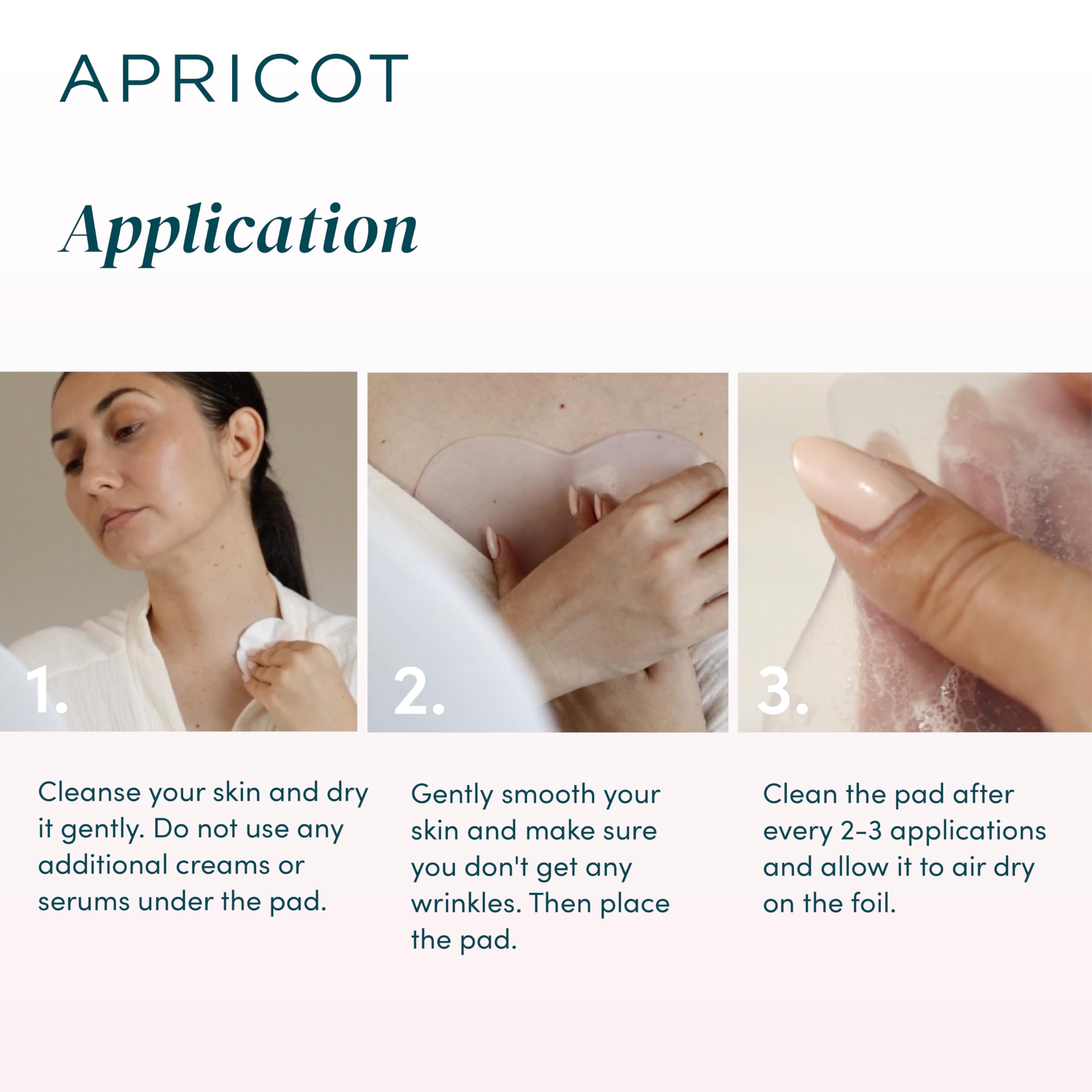 APRICOT Beauty Decollete Pad Application demonstrates easy placement and lift potential.