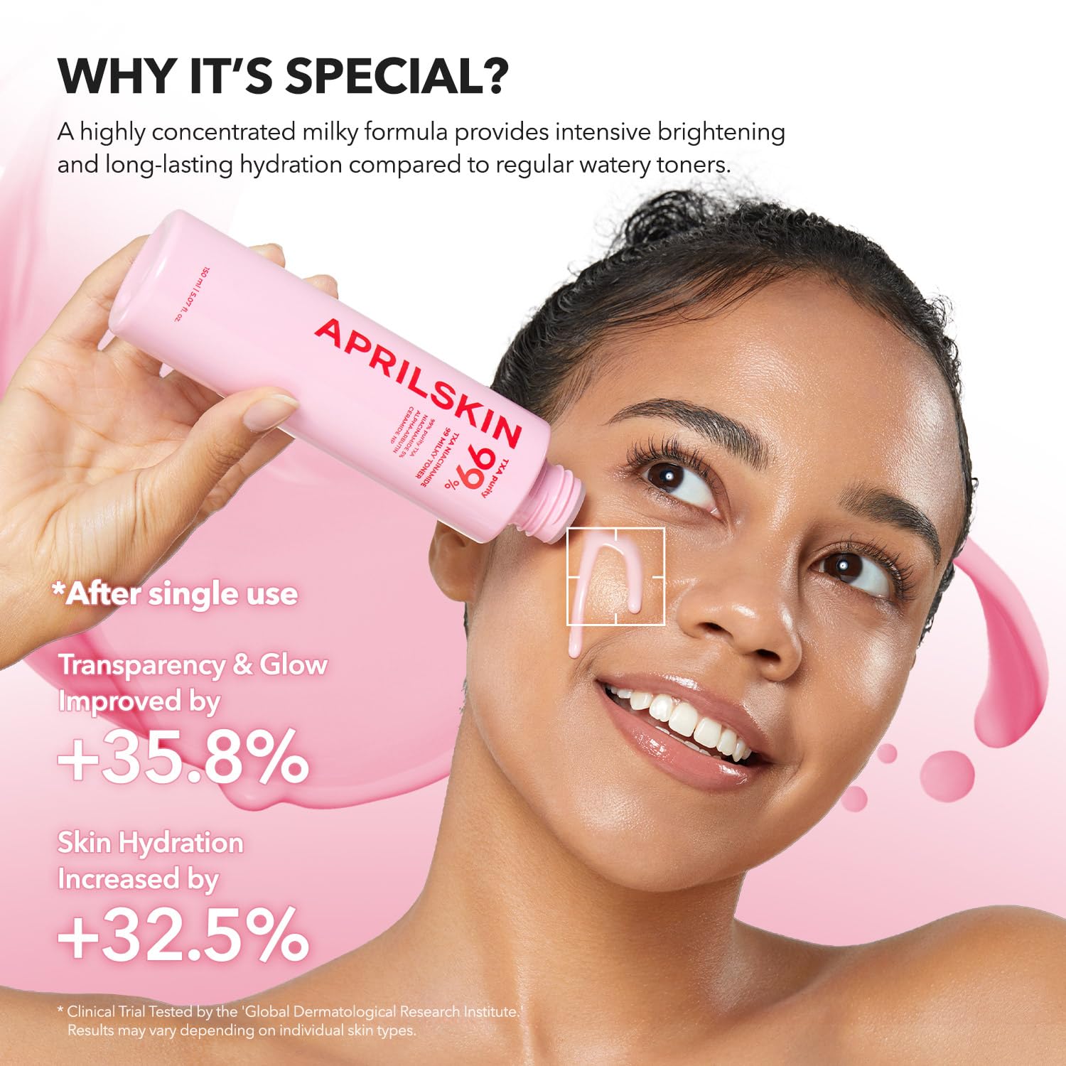 APRILSKIN 2in1 pink milky toner being applied provides gentle hydration