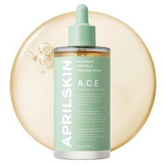 APRILSKIN A.C.E Serum bottle closeup, quick calming care for troubled skin.