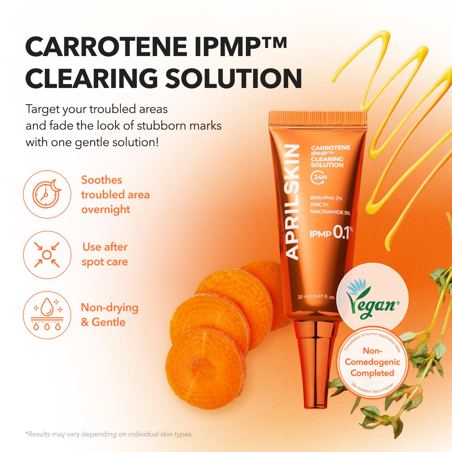 APRILSKIN Carrotene IPMP Clearing Solution texture close-up hints lightweight, non-greasy formula.