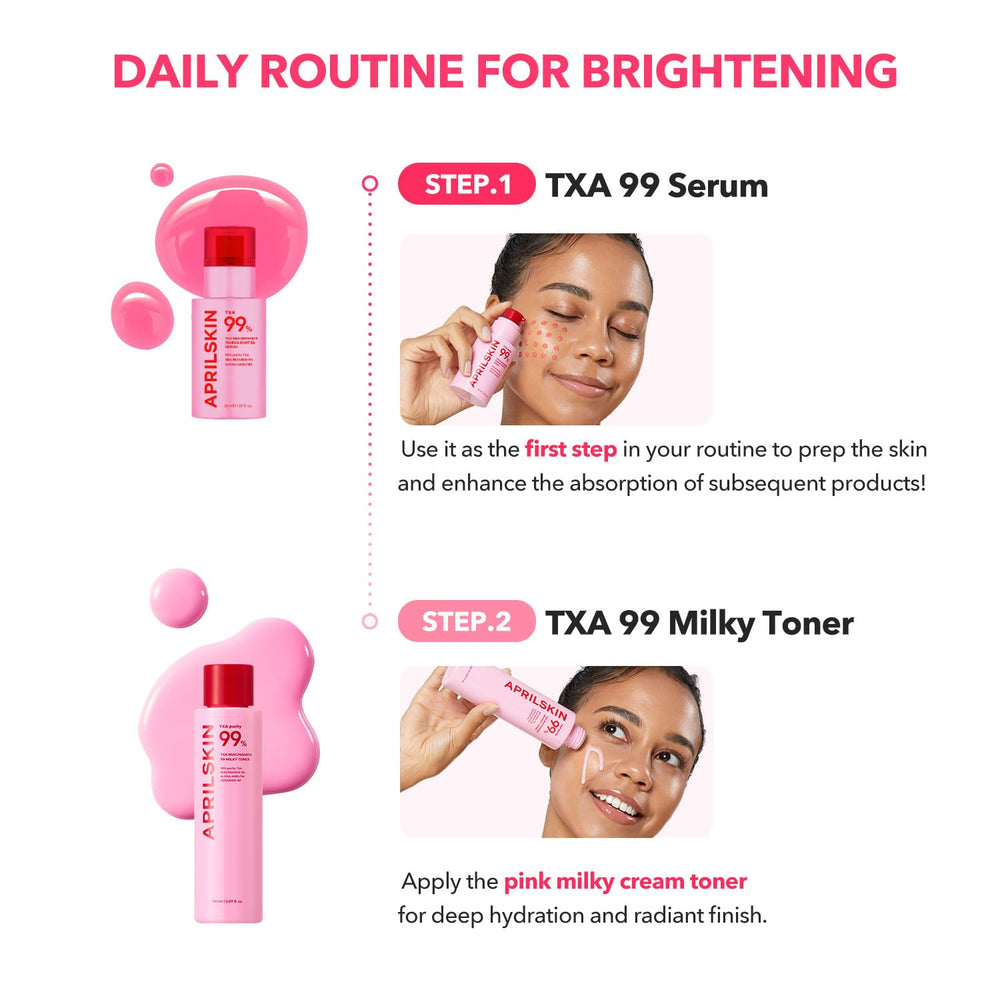 APRILSKIN Glass pink-toner bottle close-up emphasizes premium packaging