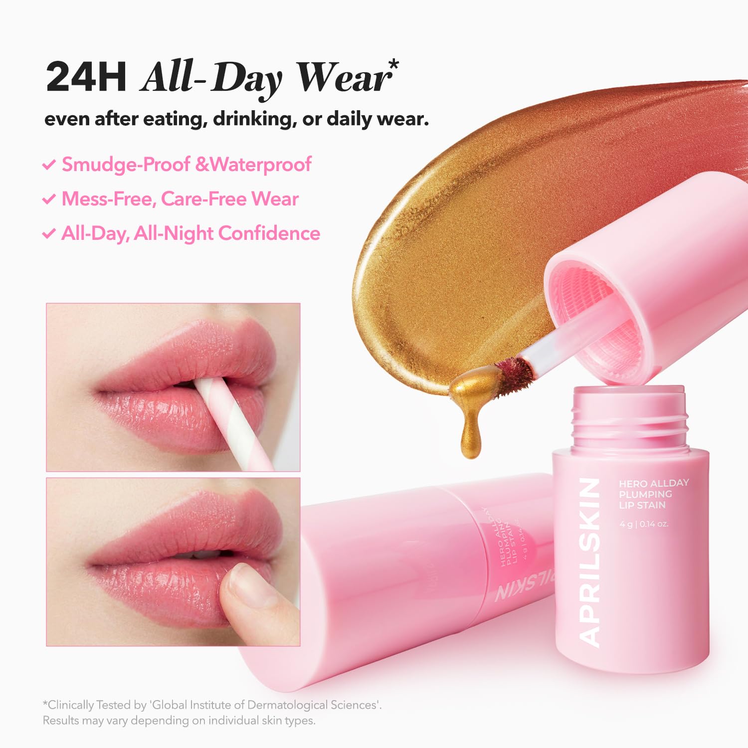 APRILSKIN serum-infused lip stain close-up highlighting hydrating, fuller lips