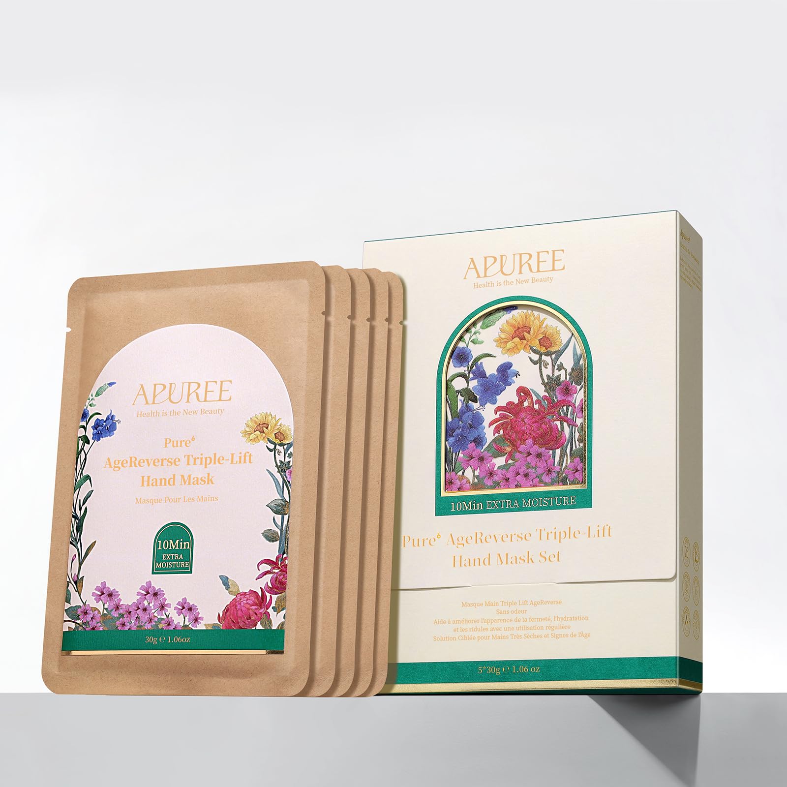 APUREE anti-aging hand mask gloves in a quick 10-minute treatment for dry, cracked hands