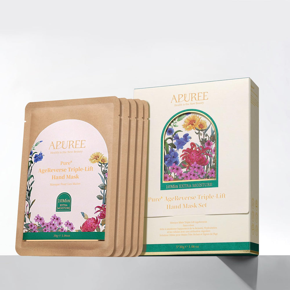 APUREE anti-aging hand mask gloves in a quick 10-minute treatment for dry, cracked hands