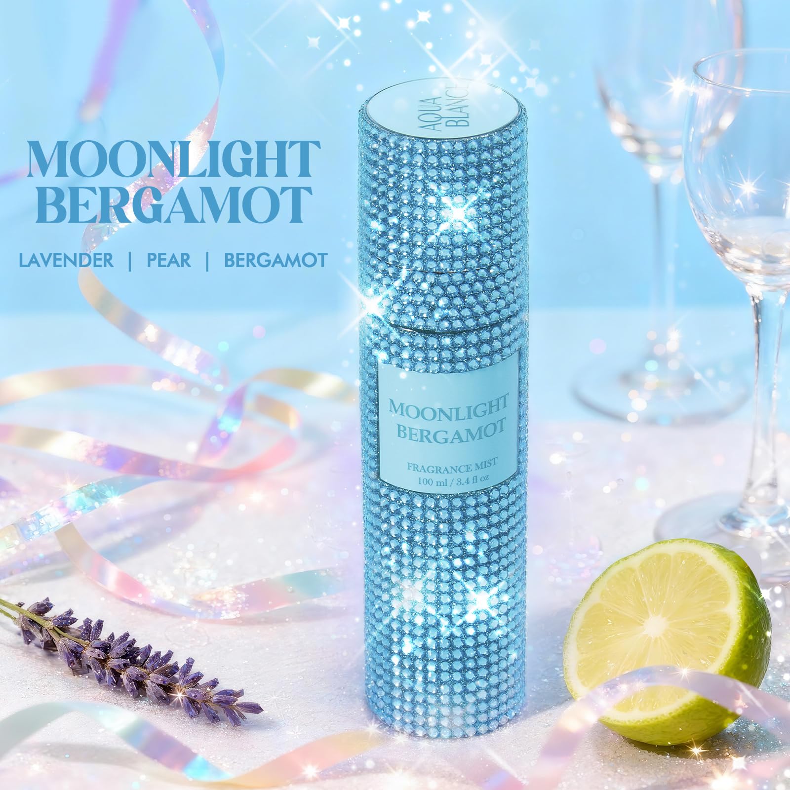 AQUA BLANCE diamond-embellished fragrance mist bottle shines on a vanity.