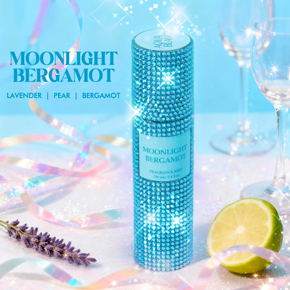 AQUA BLANCE diamond-embellished fragrance mist bottle shines on a vanity.