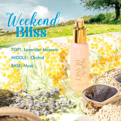 Aqua Blance Weekend Bliss bottle highlights lavender and orchid for serene fragrance.