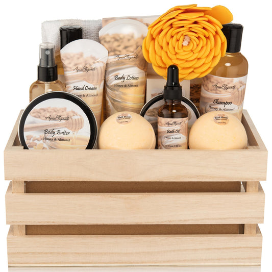 A Aqua Elegante Honey Almond bath spa kit in premium packaging for gifting.