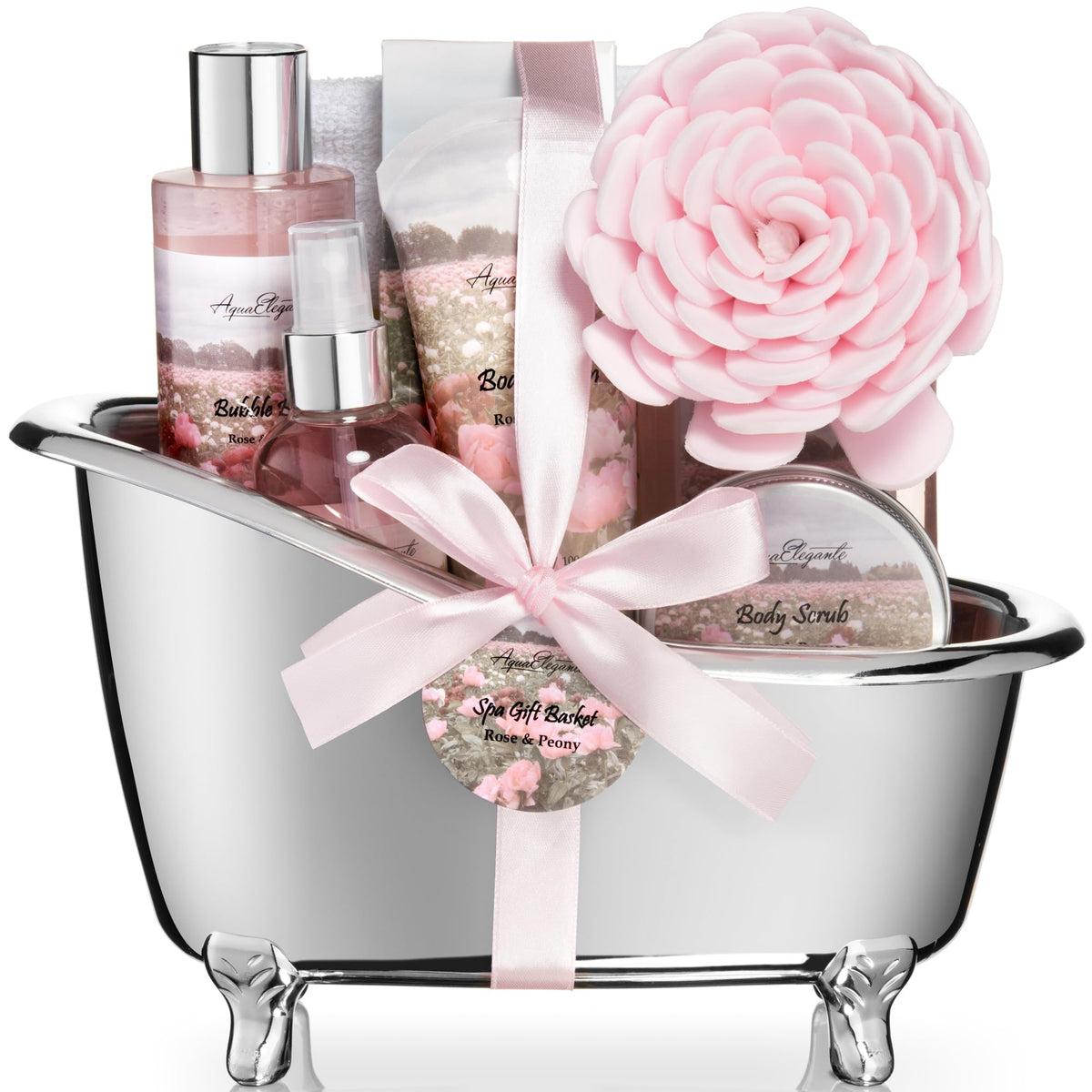 Aqua Elegante Rose Oil Peony bath set for a relaxing soak.