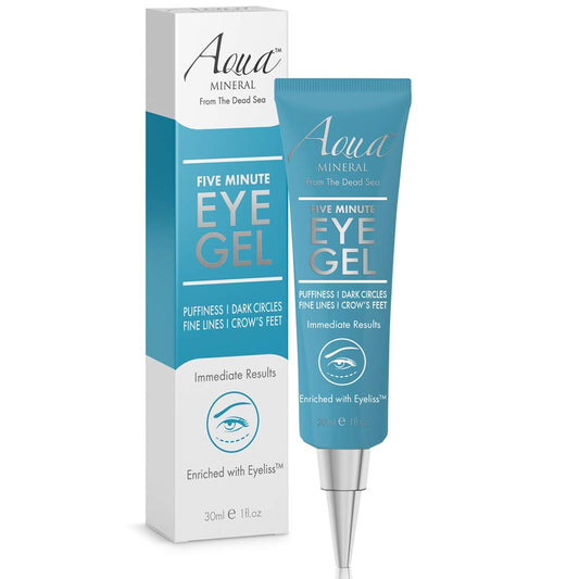 Aqua Mineral Puffy Eye Gel tube close-up showing instant hydration potential.