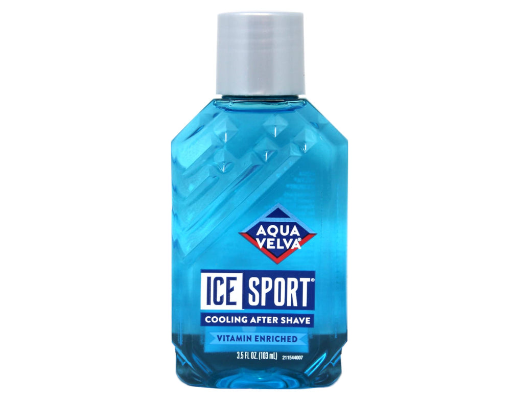 Aqua Velva Ice Sport masculine scent bottle closeup for enduring freshness.