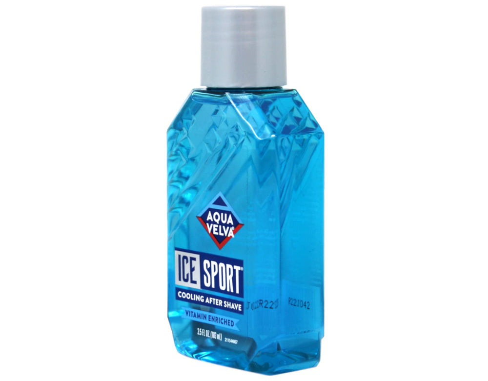 Aqua Velva Ice Sport bottle emphasizing pores tightening for smoother skin.