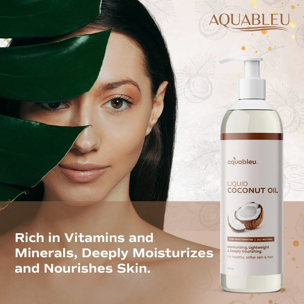 Aquableu coconut oil applied on wet hair for shine and softness.