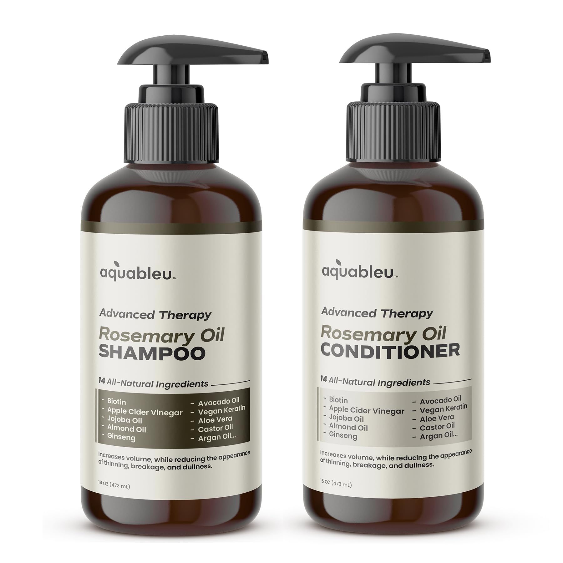 Aquableu Rosemary Shampoo bottle showcases 16oz formula for voluminous, healthier-looking hair.