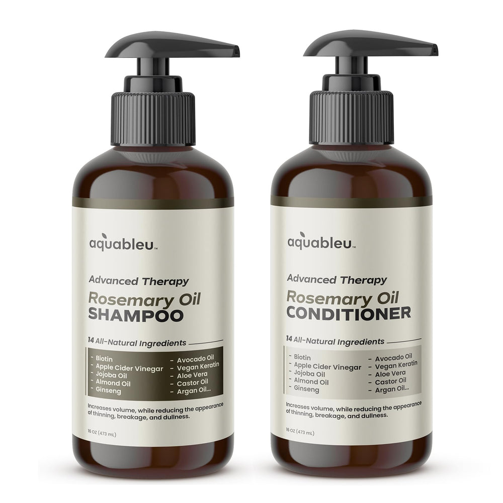 Aquableu Rosemary Shampoo bottle showcases 16oz formula for voluminous, healthier-looking hair.