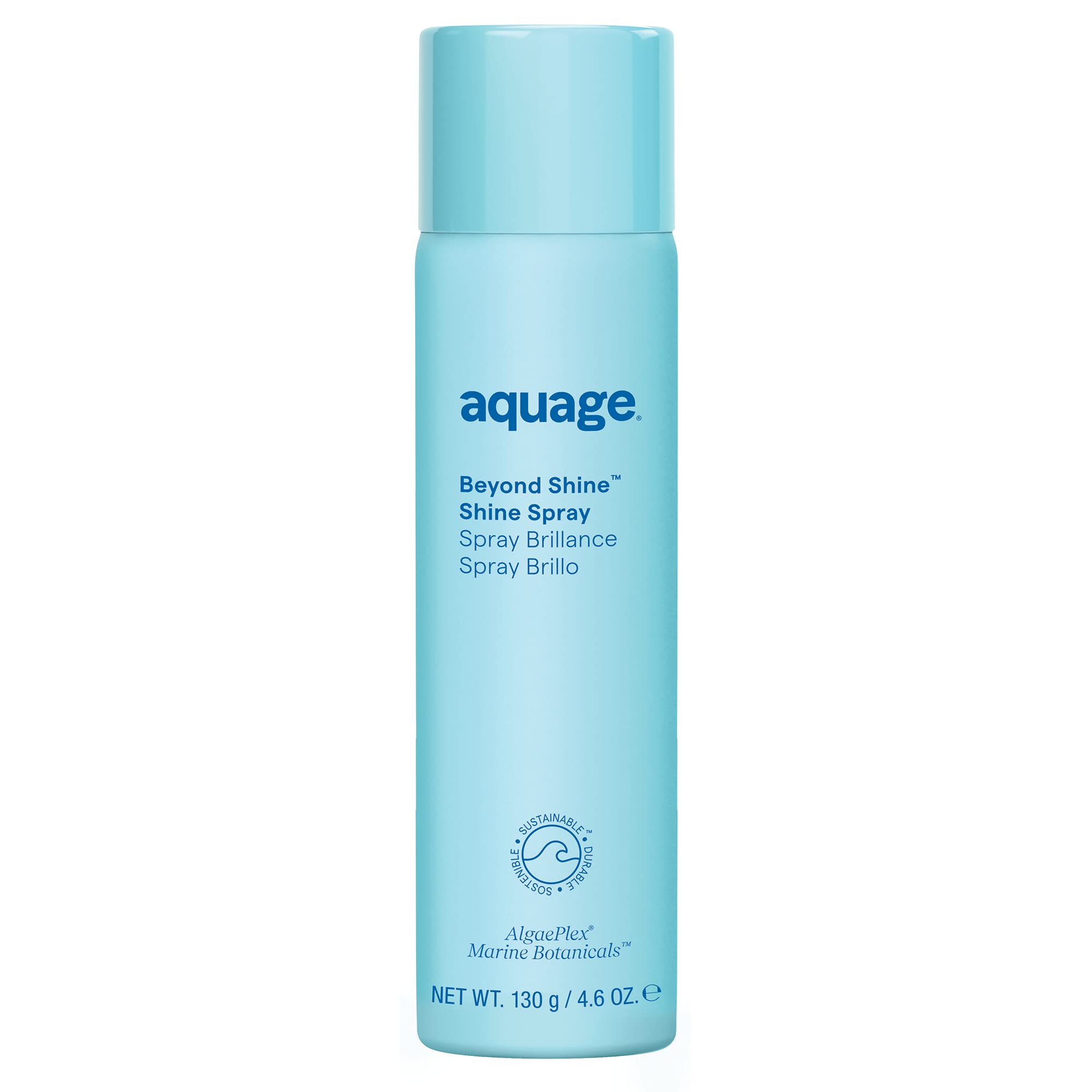 Aquage Beyond Shine bottle front shows featherlight mist for radiant, smooth hair