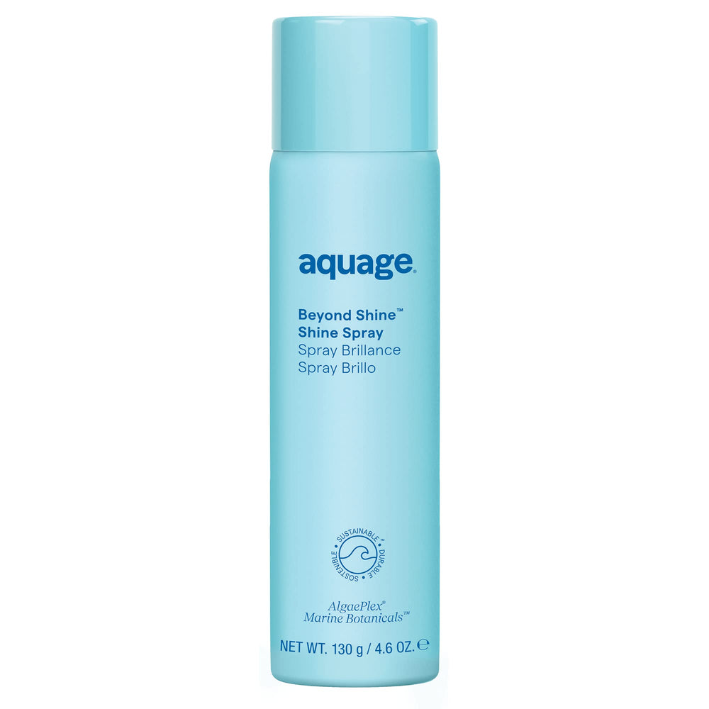 Aquage Beyond Shine bottle front shows featherlight mist for radiant, smooth hair