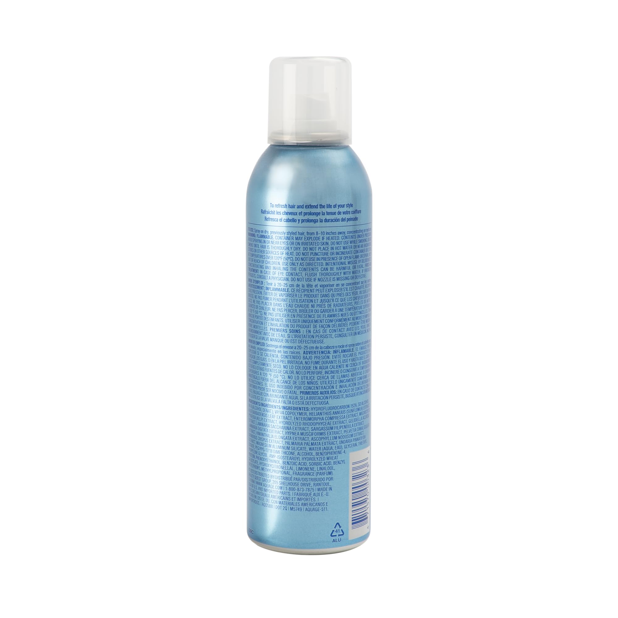Aquage dry shampoo style extending spray application mist provides instant volume and texture.