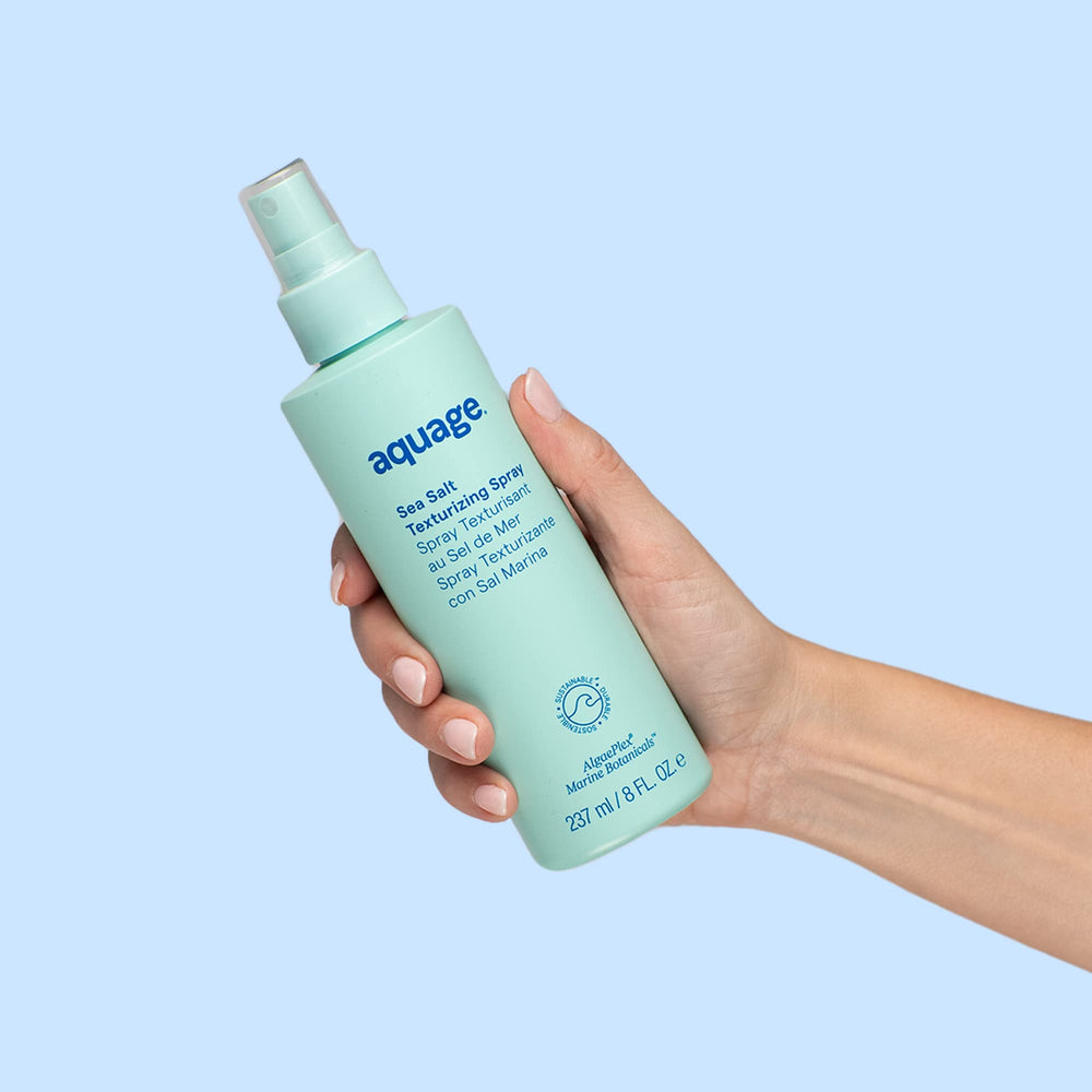 Aquage Sea Salt Texturizing Spray sunlit-hair look with relaxed beach texture.