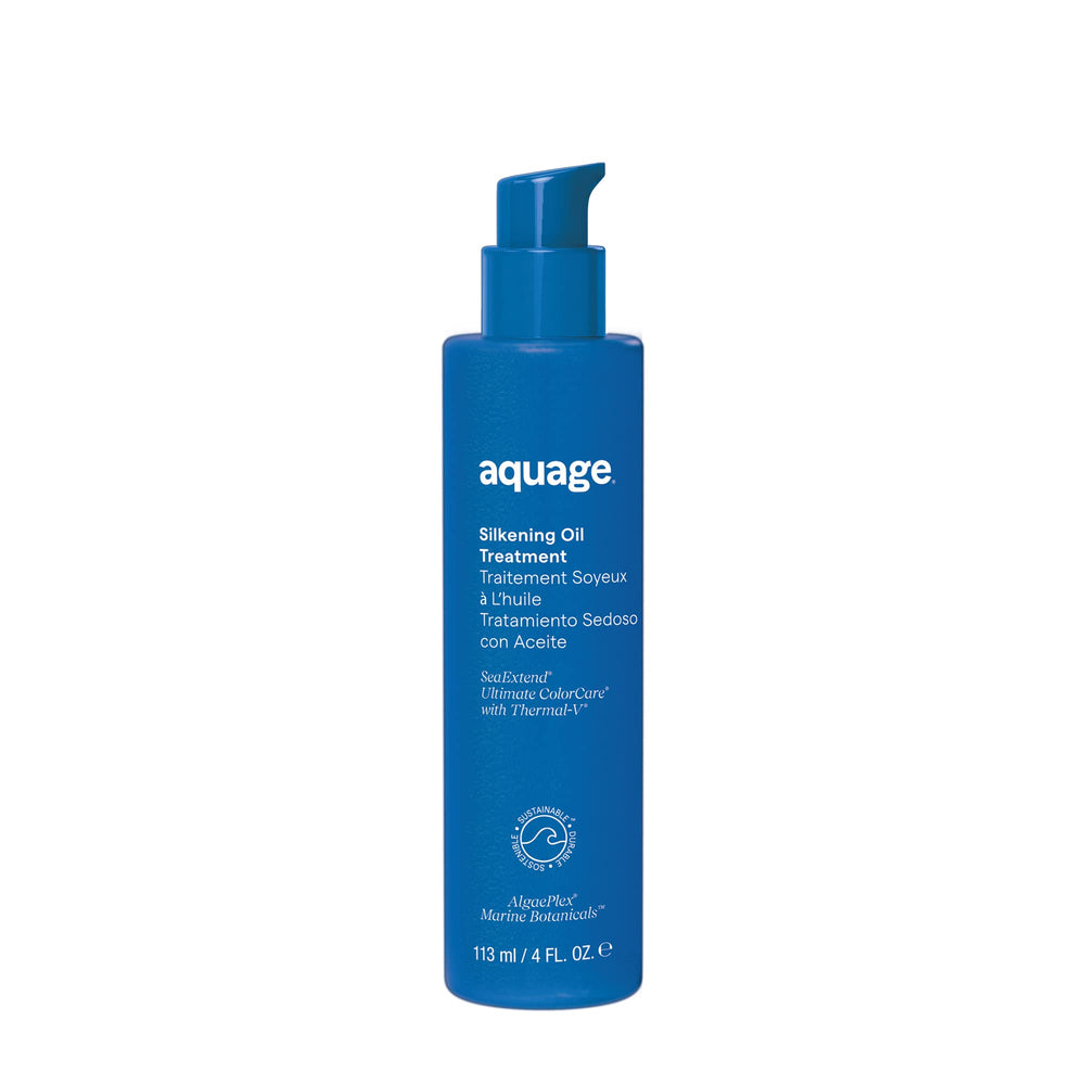 Aquage SeaExtend Silkening Oil Treatment bottle shows colorless formula for all hair textures.