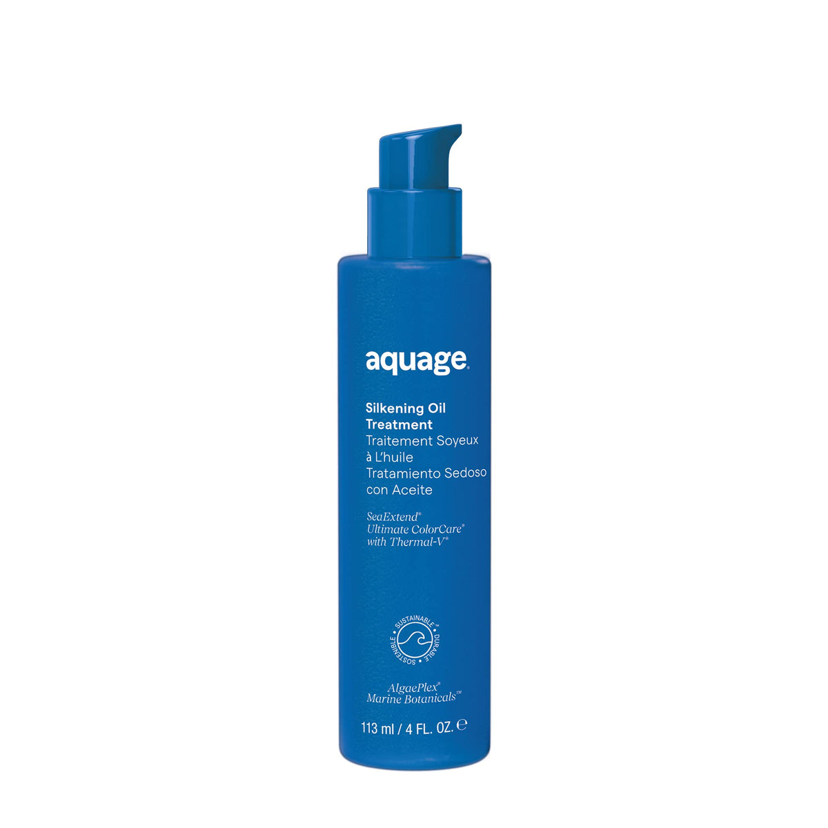 Aquage SeaExtend Silkening Oil Treatment bottle shows colorless formula for all hair textures.