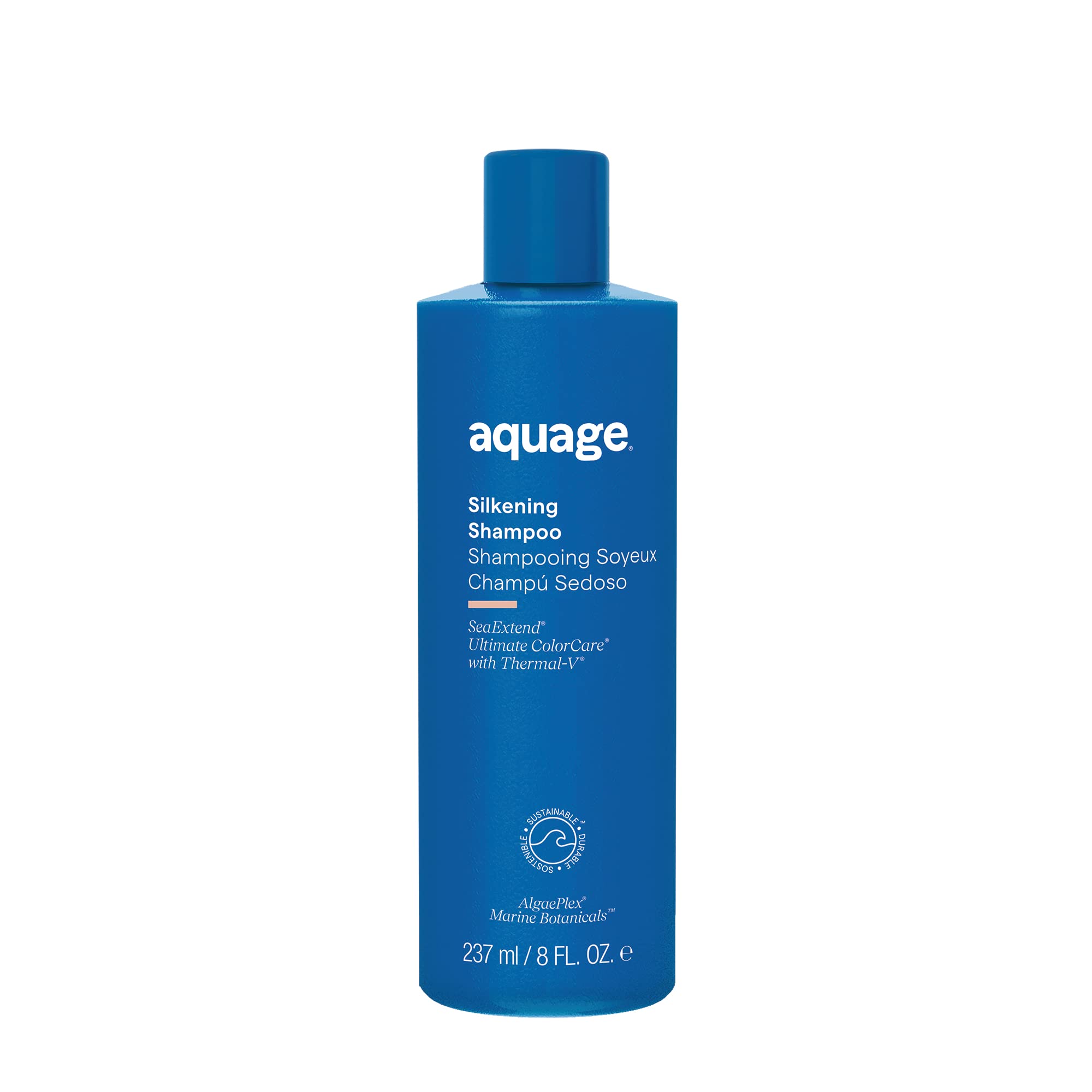 Aquage SeaExtend Silkening Shampoo bottle on a bathroom shelf for smooth, shiny hair.