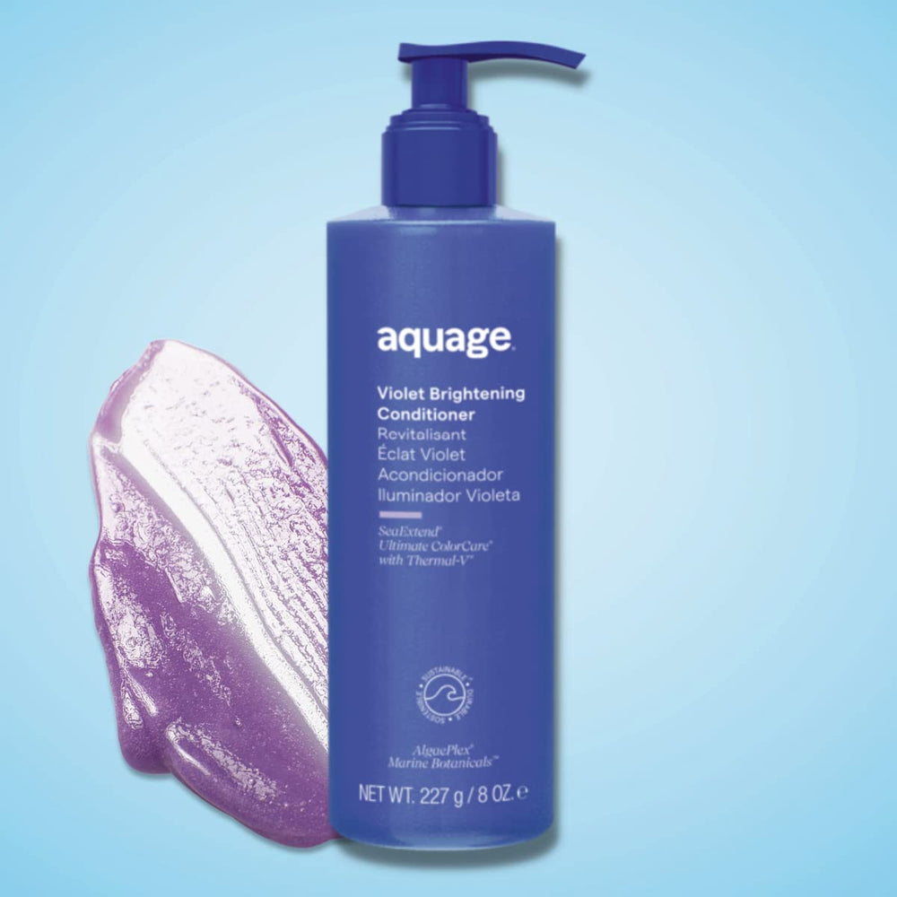 Aquage Violet Brightening Conditioner hair close-up shows silky texture and radiant shine