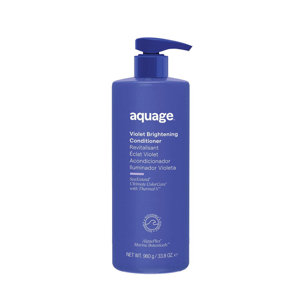 Aquage Violet Brightening Shampoo bottle on shelf enhances blonde and silver tones