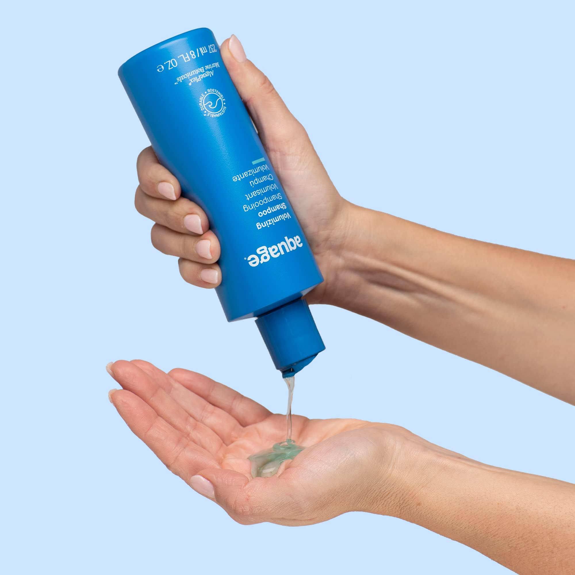 Aquage Volumizing Shampoo color-safe label indicating color-treated hair compatibility.