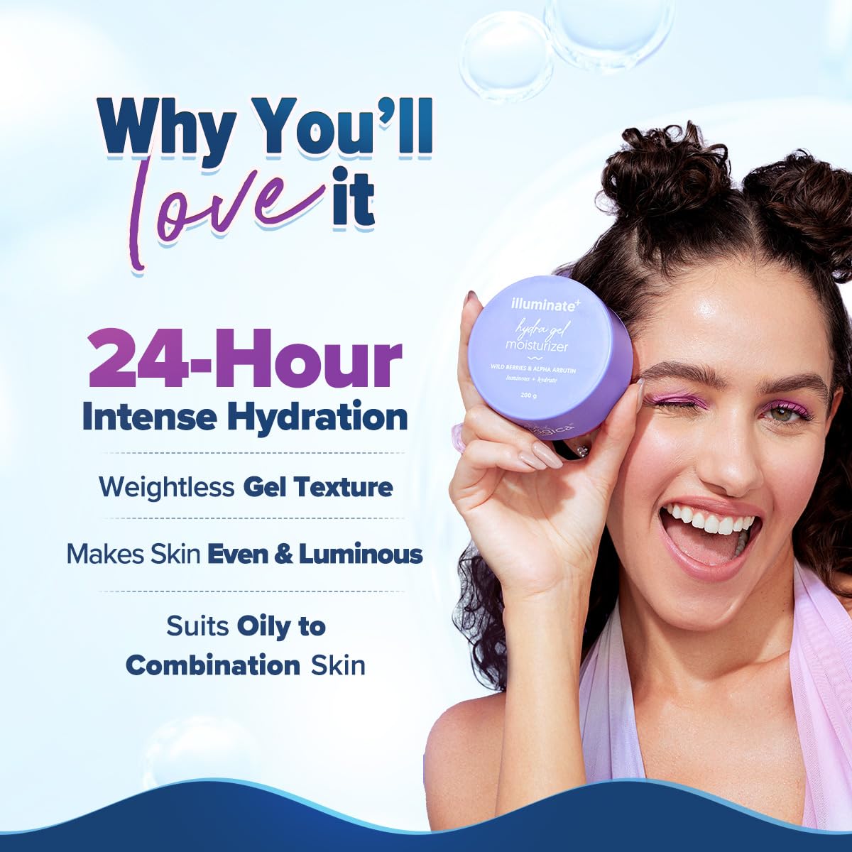 Aqualogica Illuminate+ Hydra Gel dispenser demonstrates easy application.